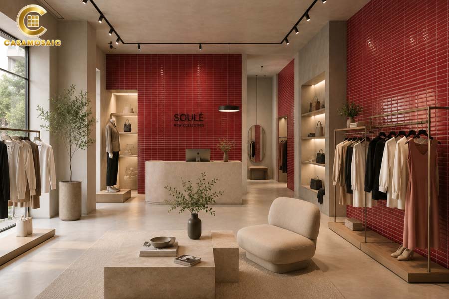 Gạch mosaic thẻ khi được ốp vào showroom