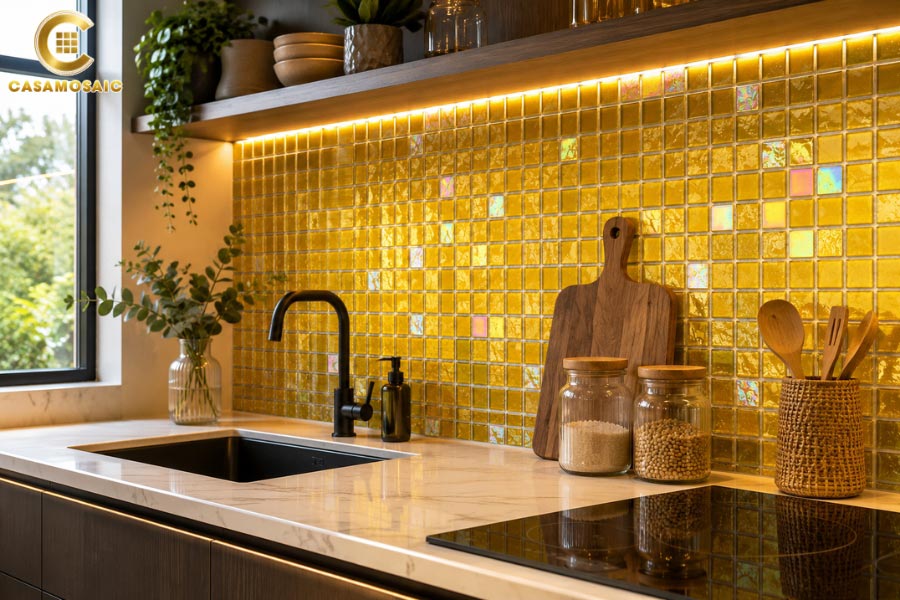 Gạch mosaic thủy tinh ốp phòng bếp