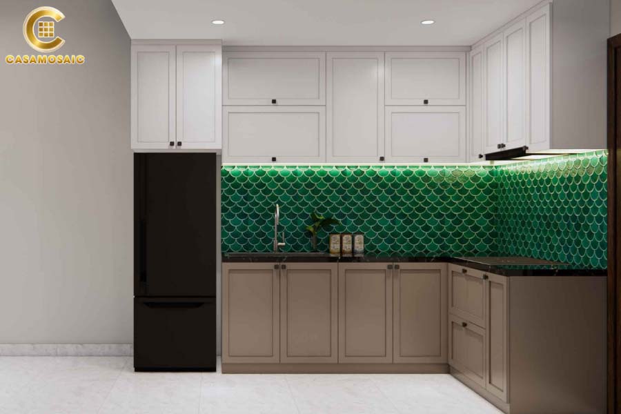 Gạch vảy cá tạo điểm nhấn cho không gian bếp